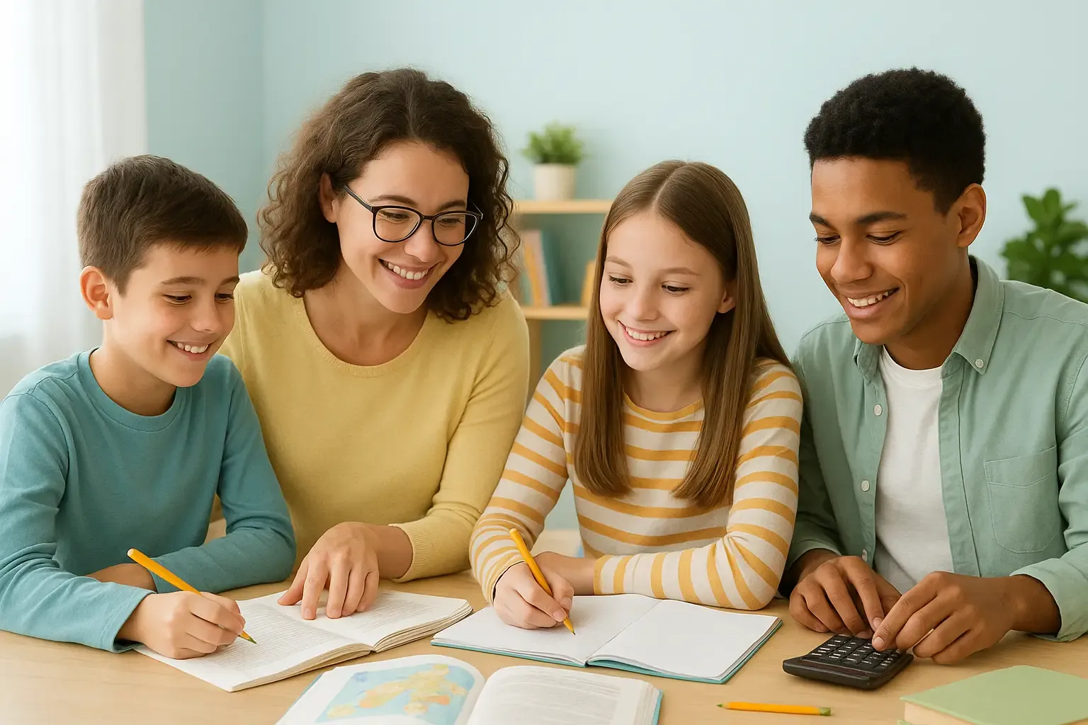 Groupe d’élèves de niveaux différents travaillant avec un professeur à domicile pendant le stage de la Toussaint, ambiance claire et gaie, avec visages humains souriants
