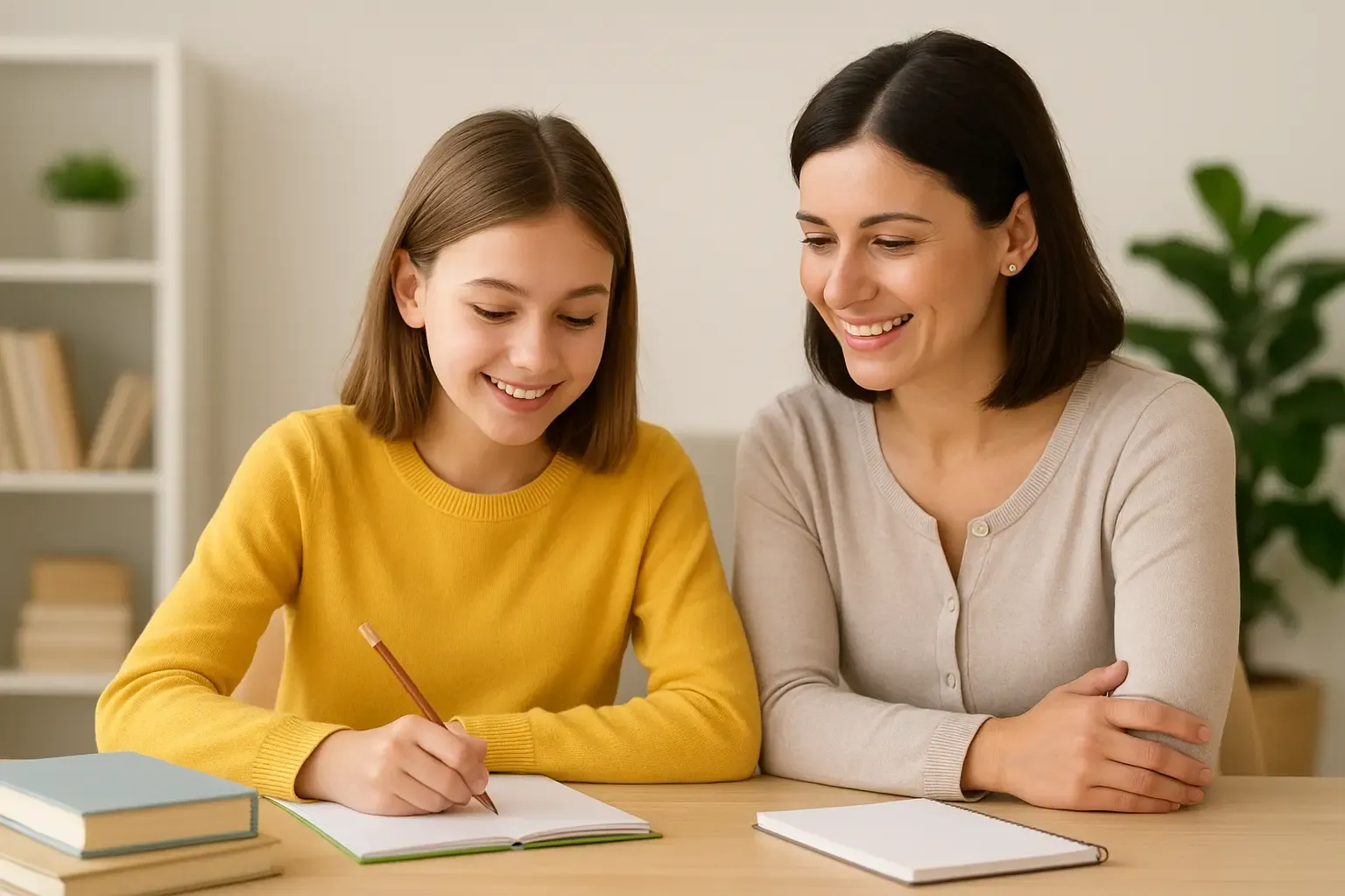 Professeur donnant un soutien scolaire personnalisé à domicile à un élève pendant les vacances de printemps, dans une ambiance lumineuse et gaie.