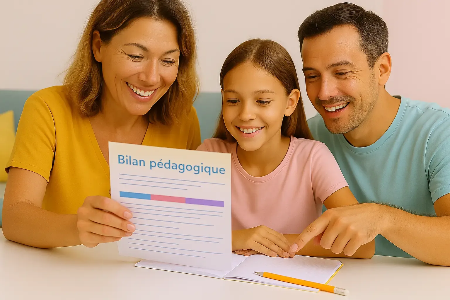 Parent discutant du bilan pédagogique avec un professeur à domicile