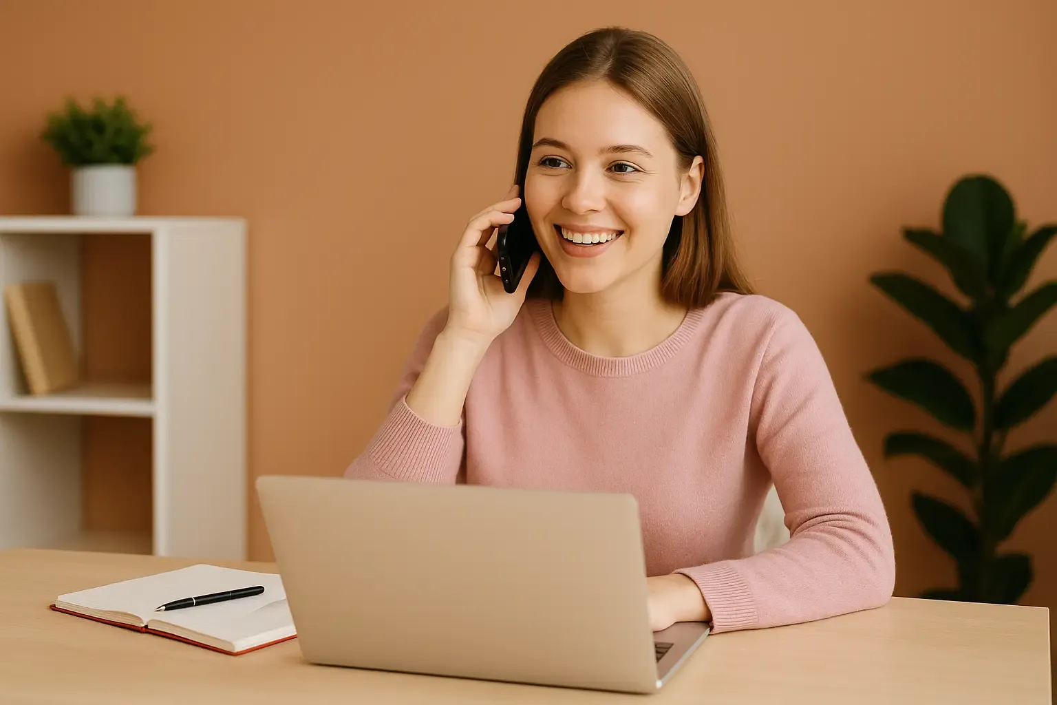 Une femme souriante en communication depuis son smartphone dans un salon lumineux, illustrant la prise de contact pour réserver un stage d’hiver à domicile avec Cours Academy.