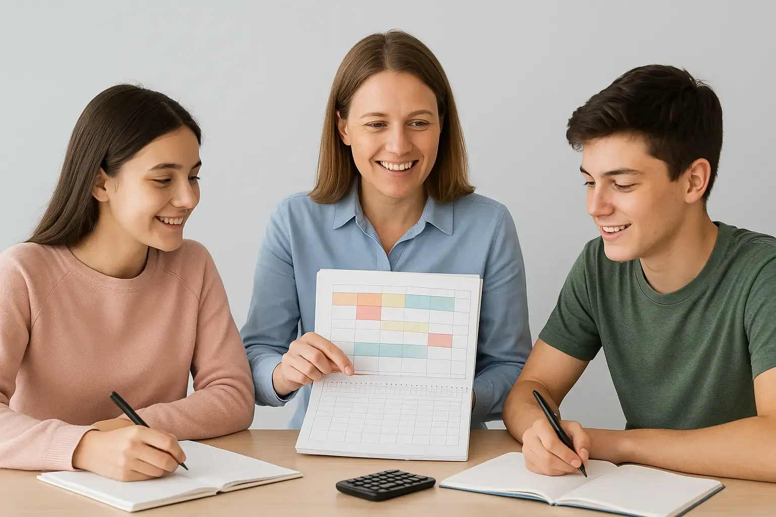 Professeur réel présentant l’organisation d’un stage de la Toussaint à domicile à deux élèves attentifs, ambiance claire et gaie avec fond pastel lumineux