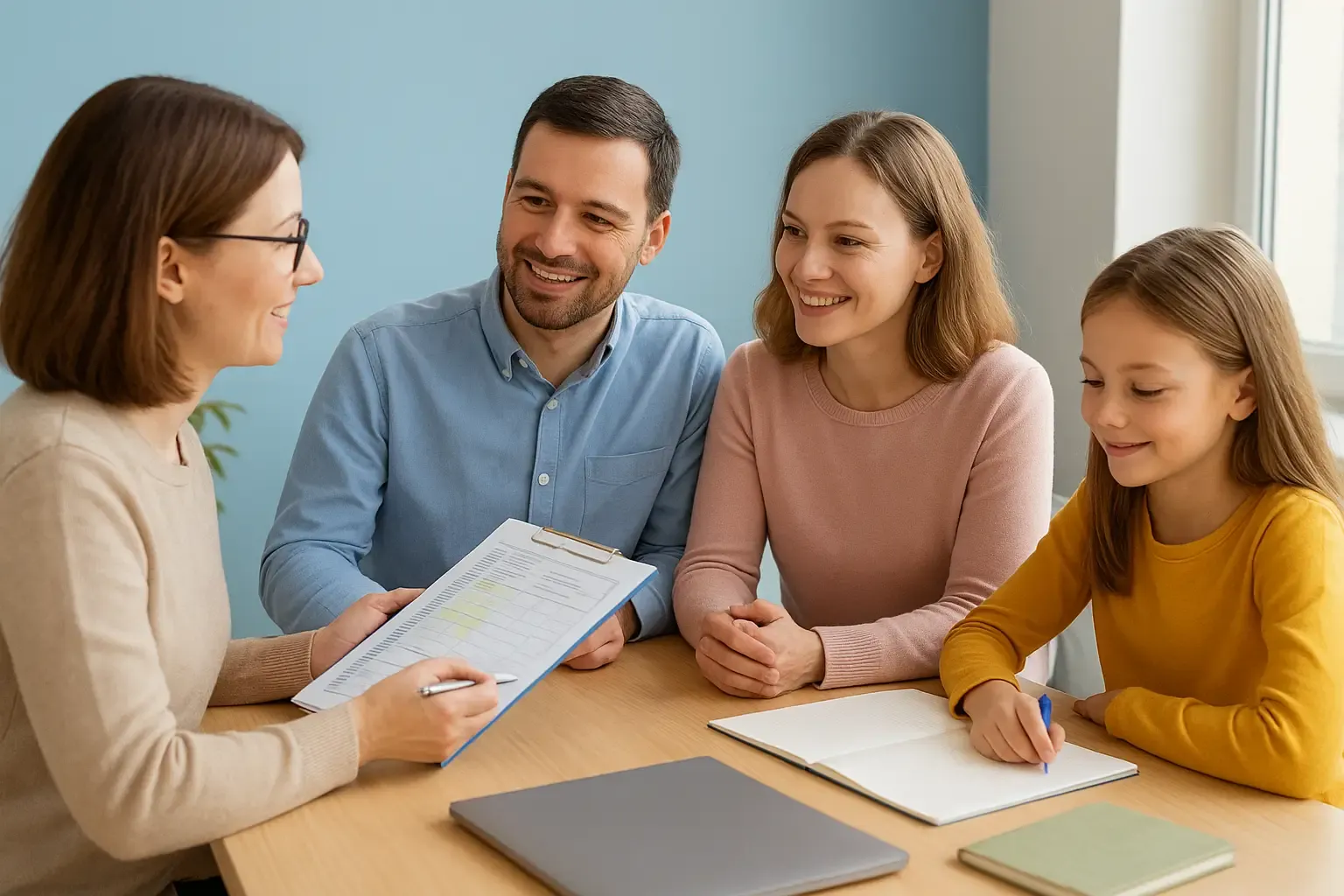 Parents échangeant avec un professeur à domicile dans une ambiance claire et chaleureuse, illustrant les modalités pratiques et les avantages financiers du stage d'hiver Cours Academy