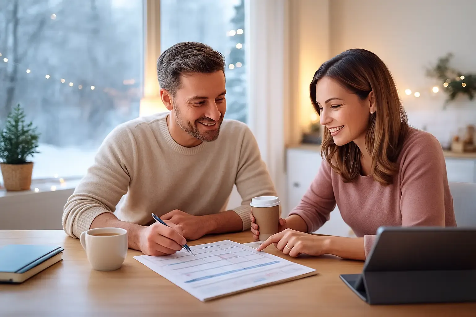 Parent et enseignante planifiant ensemble un stage d’hiver à domicile autour d’un planning, dans une ambiance chaleureuse, lumineuse et professionnelle