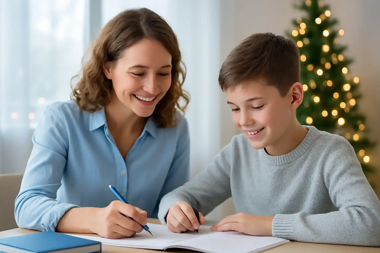Professeur souriant aidant un élève à domicile pendant un stage de Noël, dans une ambiance claire et chaleureuse, avec décor discret d'hiver et visages humains naturels