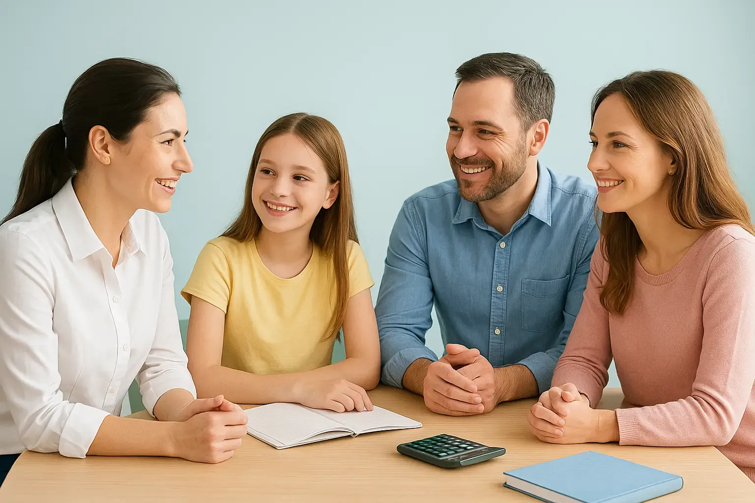 Parents souriants échangeant avec un professeur de Cours Academy à domicile, symbolisant la confiance et la qualité des stages de la Toussaint, ambiance claire et chaleureuse avec visages humains