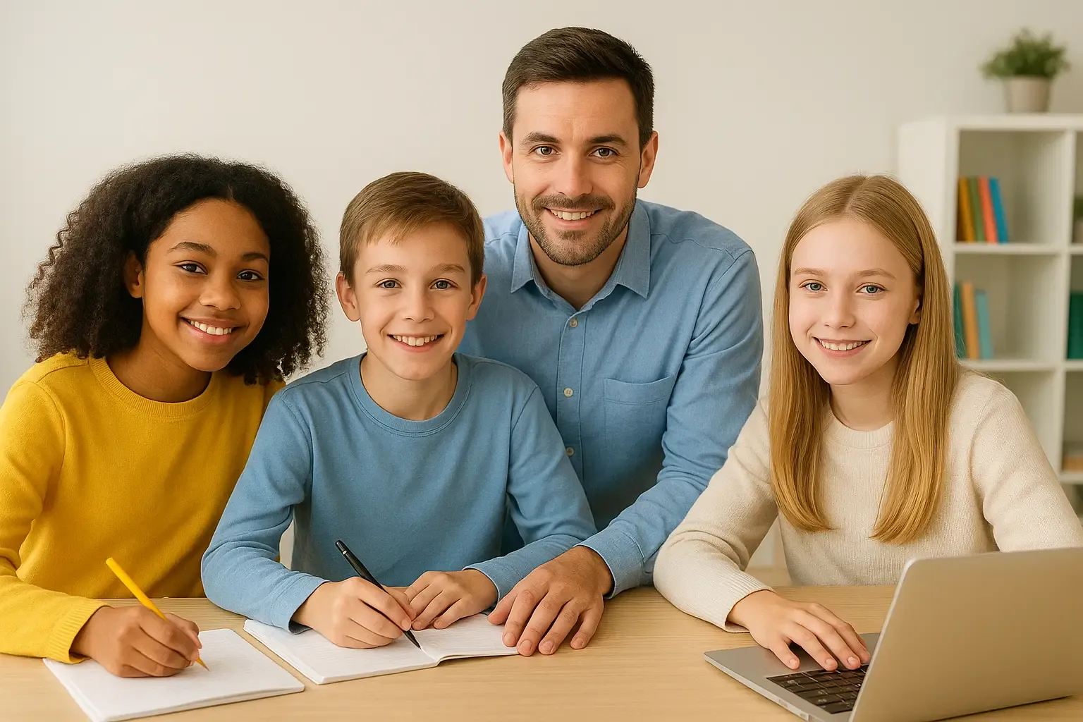 Groupe d'élèves de profils différents travaillant avec un enseignant à domicile dans une ambiance claire et gaie, illustrant des programmes personnalisés pour chaque élève lors d'un stage de Noël