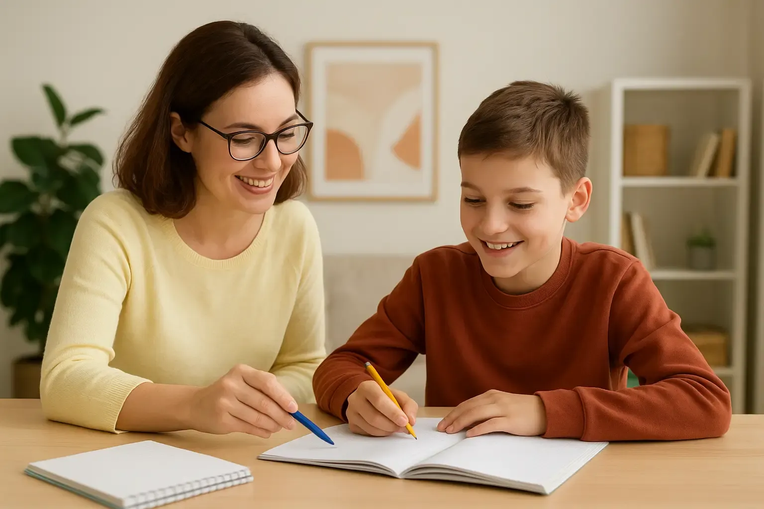 Étudiant accompagné par un professeur particulier évoluant grâce à un stage de printemps à domicile, dans une ambiance lumineuse et positive.