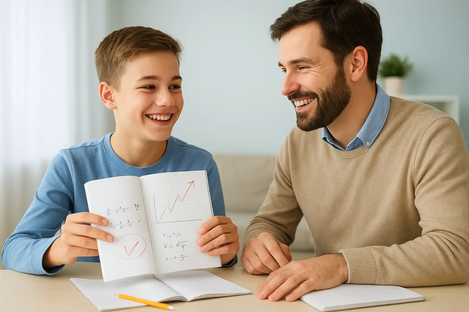 Élève souriant montrant sa progression à un professeur à domicile, illustrant des résultats visibles après un stage de Noël, ambiance lumineuse et couleurs gaies avec visages humains