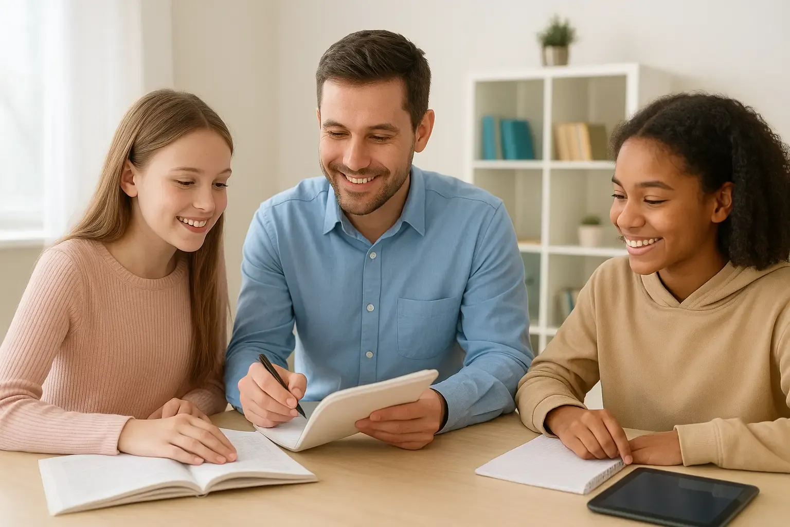 Professeur aidant un groupe d'élèves à domicile pendant un stage de Noël, illustrant un soutien scolaire complet dans toutes les matières, ambiance claire et gaie avec visages humains souriants