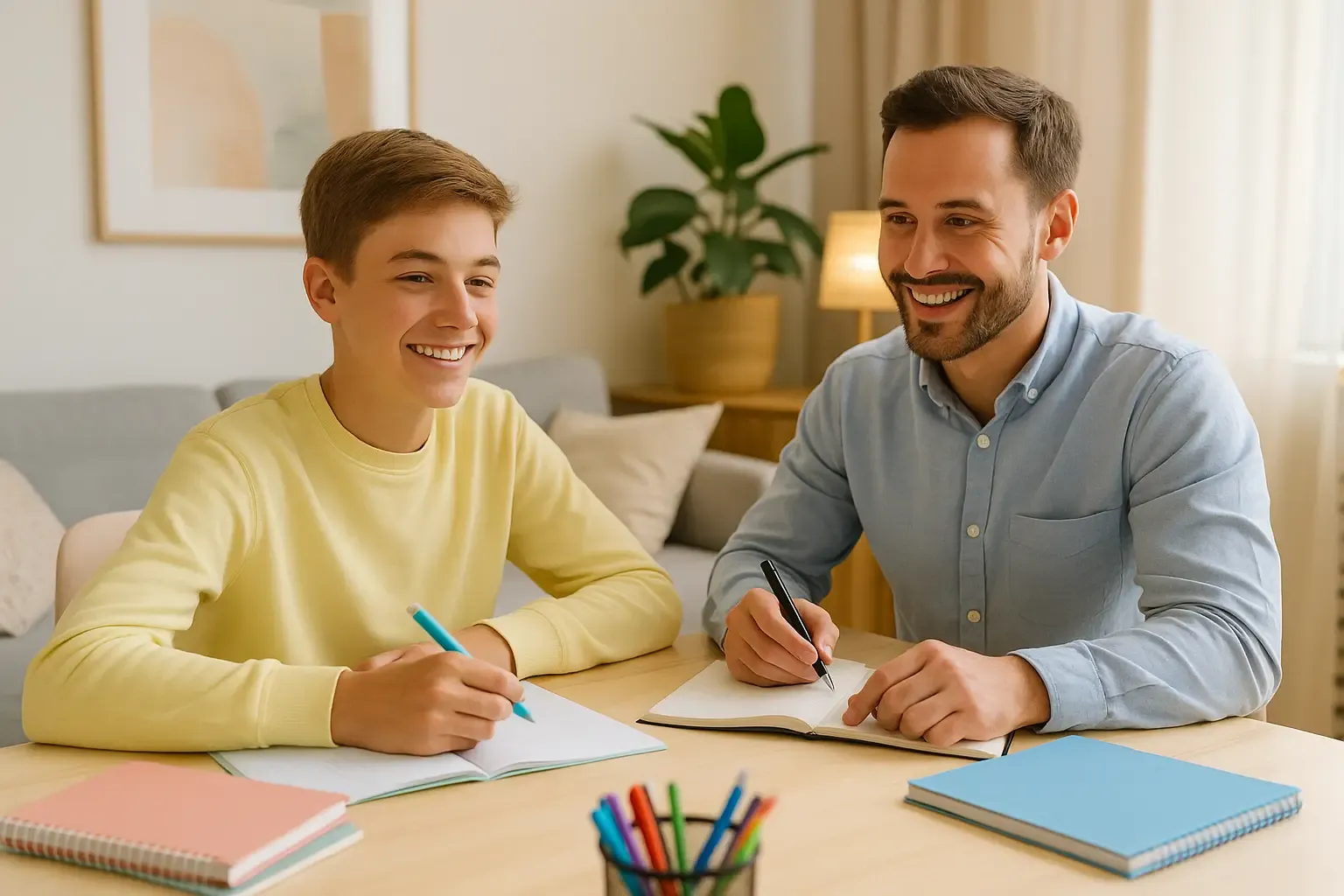 Professeur à domicile expliquant un exercice à un collégien dans le cadre d’un stage de
pré-rentrée