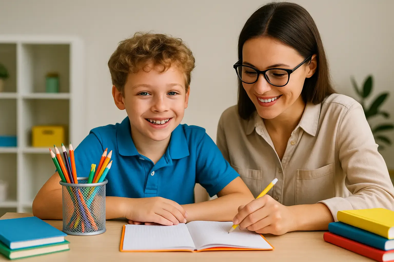 Parent et enfant travaillant dans un coin bibliothèque cosy pendant le stage de la Toussaint à domicile avec Cours ACADEMY
