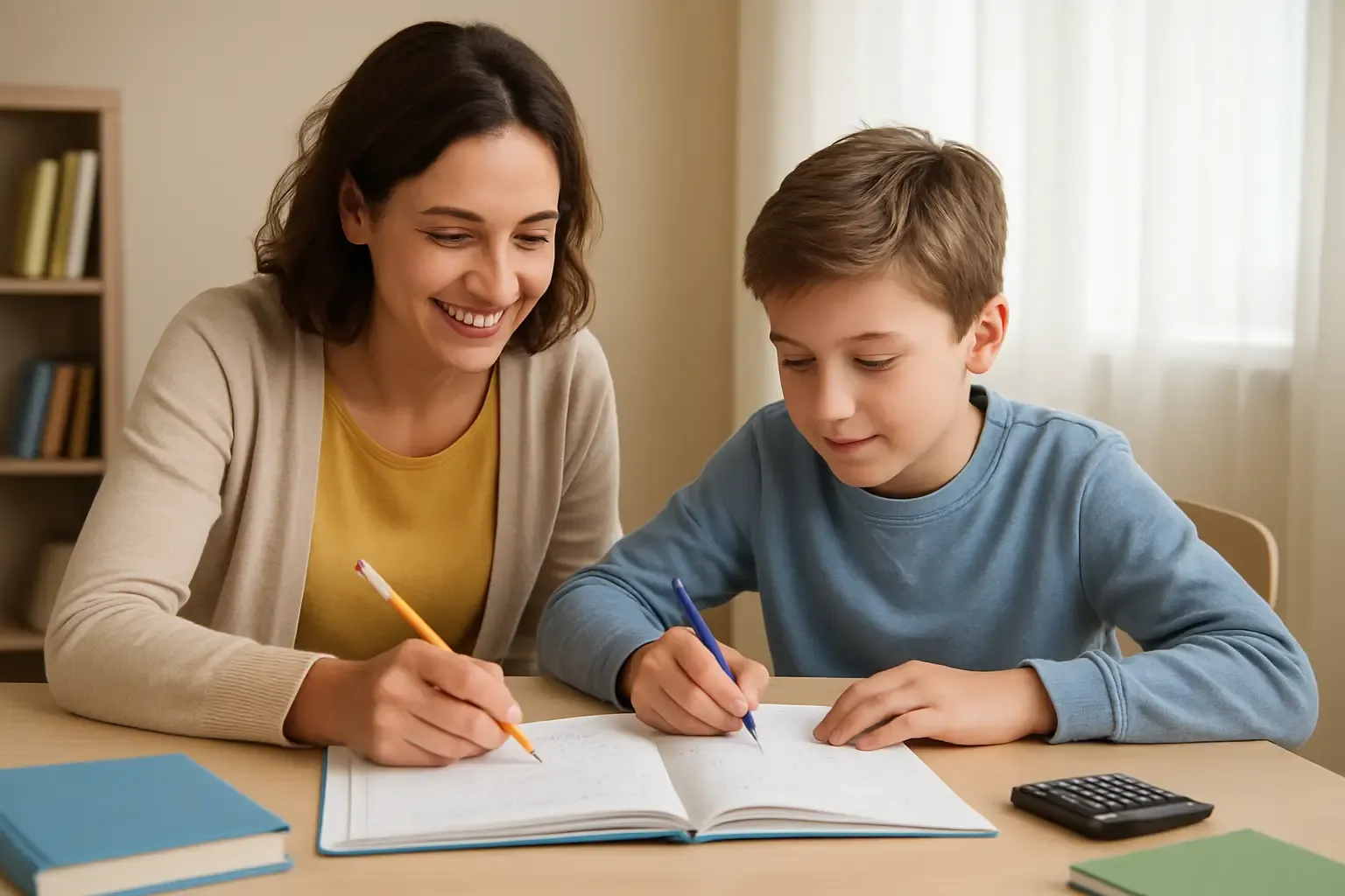 Enseignante à domicile accompagnant un élève pendant un stage d’hiver, dans une ambiance lumineuse et chaleureuse.
